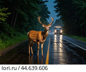 Colliding with an animal cause damage to car, drivers are wary about the risk of hitting deer. Стоковое AI-изображение, AI-художник Владимир Григорьев / Фотобанк Лори