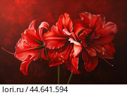 Vibrant red amaryllis flowers on dark background. Стоковое AI-изображение, AI-художник Иван Рябоконь / Фотобанк Лори