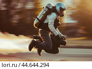 Pilot is flying with a jetpack over a road at sunset. Стоковое AI-изображение, AI-художник Иван Рябоконь / Фотобанк Лори
