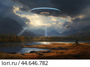 Majestic ufo sighting over serene landscape. Стоковое AI-изображение, AI-художник Иван Рябоконь / Фотобанк Лори