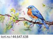 Watercolor painting of an eastern bluebird perched on a branch. Стоковое AI-изображение, AI-художник Иван Рябоконь / Фотобанк Лори