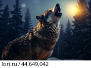 Majestic wolf howling on snowy night. Стоковое AI-изображение, AI-художник Иван Рябоконь / Фотобанк Лори