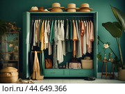 Elegant, organized wardrobe with a selection of fashionable clothing and accessories. Стоковое AI-изображение, AI-художник Иван Рябоконь / Фотобанк Лори