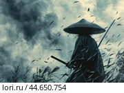 Silhouette of a samurai warrior at dusk. Стоковое AI-изображение, AI-художник Иван Рябоконь / Фотобанк Лори