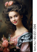 Nostalgia for old Paris: Acryl photo effect of young French woman with flowers, 18th century. Стоковое AI-изображение, AI-художник Veniamin Kraskov / Фотобанк Лори