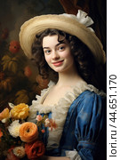 Nostalgia for old Paris: Acryl photo effect of young French woman with flowers, 18th century. Стоковое AI-изображение, AI-художник Veniamin Kraskov / Фотобанк Лори