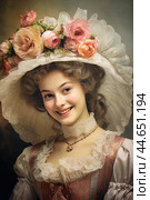 Nostalgia for old Paris: Acryl photo effect of young French woman with flowers, 18th century. Стоковое AI-изображение, AI-художник Veniamin Kraskov / Фотобанк Лори