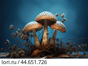 Magic-inspired scene with mushrooms surrounded by mystical flora on a dreamy blue background. Стоковое AI-изображение, AI-художник Иван Рябоконь / Фотобанк Лори