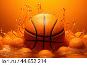 Splashdown: basketball meets citrus surge. Стоковое AI-изображение, AI-художник Иван Рябоконь / Фотобанк Лори