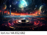 Futuristic spaceport with intergalactic panorama. Стоковое AI-изображение, AI-художник Иван Рябоконь / Фотобанк Лори