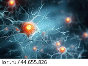 Detailed 3d render of an active neuron with synaptic connections on a blue background. Стоковое AI-изображение, AI-художник Иван Рябоконь / Фотобанк Лори