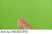 Like Gesture Hand Sign Emoji. Male Hand Showing Thumb Up Isolated Chroma Key Green Screen Background. Body Language. Close Up. Concept of Victory and Award. Support, Success, Vote Yes, Winning Goal. Стоковое видео, видеограф Марина Демидюк / Фотобанк Лори