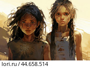 Survivors' resolve: two young girls in a post-apocalyptic world. Стоковое AI-изображение, AI-художник Иван Рябоконь / Фотобанк Лори