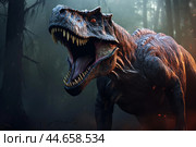 Prehistoric Shooting tyrannosaurus rex animal. Generate ai. Стоковое AI-изображение, AI-художник Иван Рябоконь / Фотобанк Лори
