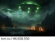 Alien invasion: ufos descending on misty terrain. Стоковое AI-изображение, AI-художник Иван Рябоконь / Фотобанк Лори