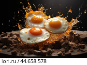 Dynamic fried eggs splash on hot skillet. Стоковое AI-изображение, AI-художник Иван Рябоконь / Фотобанк Лори