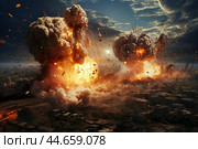 Dramatic digital illustration of massive explosions devastating a cityscape under a dark, ominous sky. Стоковое AI-изображение, AI-художник Иван Рябоконь / Фотобанк Лори