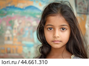 Serene young girl with beautiful eyes. Стоковое AI-изображение, AI-художник Иван Рябоконь / Фотобанк Лори