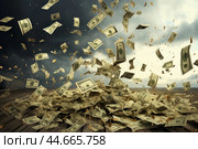 Windfall of wealth - dollar bills falling from sky. Стоковое AI-изображение, AI-художник Иван Рябоконь / Фотобанк Лори
