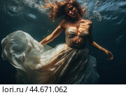 Graceful woman in a billowing dress submerged in water, with sun beams filtering through. Стоковое AI-изображение, AI-художник Иван Рябоконь / Фотобанк Лори