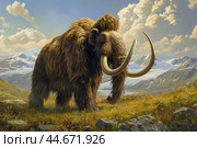 Majestic woolly mammoth in prehistoric landscape. Стоковое AI-изображение, AI-художник Иван Рябоконь / Фотобанк Лори