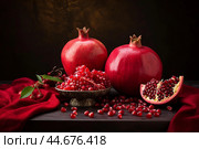 Elegant still life with pomegranates and seeds. Стоковое AI-изображение, AI-художник Иван Рябоконь / Фотобанк Лори