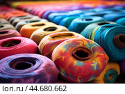 Woven Textile roll colorful market stack. Generate Ai. Стоковое AI-изображение, AI-художник Иван Рябоконь / Фотобанк Лори