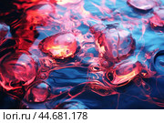 Abstract red bubbles on blue liquid surface. Стоковое AI-изображение, AI-художник Иван Рябоконь / Фотобанк Лори