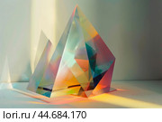 Light refracting through glass prism creating colorful rainbow effect. Стоковое AI-изображение, AI-художник Иван Рябоконь / Фотобанк Лори