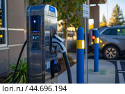 Electric vehicle charging station powering up a car in a parking lot. Стоковое AI-изображение, AI-художник Иван Рябоконь / Фотобанк Лори
