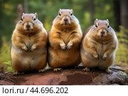 Group of funny chipmunks in the wild. Стоковое AI-изображение, AI-художник Veniamin Kraskov / Фотобанк Лори