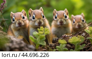 Group of funny chipmunks in the wild. Стоковое AI-изображение, AI-художник Veniamin Kraskov / Фотобанк Лори
