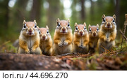 Group of funny chipmunks in the wild. Стоковое AI-изображение, AI-художник Veniamin Kraskov / Фотобанк Лори