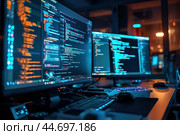 Computer programmer writing code on multiple monitors at night. Стоковое AI-изображение, AI-художник Иван Рябоконь / Фотобанк Лори