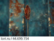 Single wooden arrow standing with red feather fletching on blurry background. Стоковое AI-изображение, AI-художник Иван Рябоконь / Фотобанк Лори