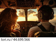 Pilot and copilot flying a small airplane at sunset. Стоковое AI-изображение, AI-художник Иван Рябоконь / Фотобанк Лори