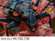 Metallic blue beetle with orange markings standing on pink flowers. Стоковое AI-изображение, AI-художник Иван Рябоконь / Фотобанк Лори