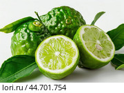 Fresh bergamot fruit with leaves on white background. Стоковое AI-изображение, AI-художник Иван Рябоконь / Фотобанк Лори