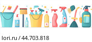 A colorful array of cleaning supplies organized neatly on a white background showcasing various tools and products for household cleaning tasks. Стоковое AI-изображение, AI-художник Сергей Толмачёв / Фотобанк Лори
