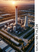 Panoramic view of gas turbine electrical power factory in industrial estate at sunset. Scenery of industrial plant industrialization zone, skyline. Manufacture and industry concept. Copy ad text space. Стоковое AI-изображение, AI-художник Aleksandr Golubev / Фотобанк Лори
