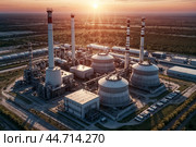 Panoramic view of gas turbine electrical power factory in industrial estate at sunset. Scenery of industrial plant industrialization zone, skyline. Manufacture and industry concept. Copy ad text space. Стоковое AI-изображение, AI-художник Aleksandr Golubev / Фотобанк Лори