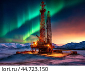 Oil and gas drilling platform against the backdrop of the northern lights. Стоковое AI-изображение, AI-художник Сергей Елизарьев / Фотобанк Лори