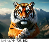 Тигр (лат. Panthera tigris) — хищное млекопитающее семейства кошачьих, один из пяти видов рода пантер, принадлежащего к подсемейству больших кошек. Стоковое AI-изображение, AI-художник Сергей Елизарьев / Фотобанк Лори