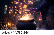 A mystical sorceress conjures glowing symbols above a bubbling cauldron in an ancient stone chamber during twilight. Стоковое AI-изображение, AI-художник Сергей Толмачёв / Фотобанк Лори