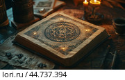 An ancient spellbook opened on a dark wooden table surrounded by candles and mystical symbols during twilight. Стоковое AI-изображение, AI-художник Сергей Толмачёв / Фотобанк Лори
