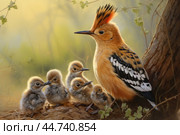 Eurasian hoopoe (Upupa epops) with chicks. Стоковое AI-изображение, AI-художник Veniamin Kraskov / Фотобанк Лори