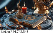 An ornate spellbook with golden symbols and candle, surrounded by mystical artifacts on a dark table. Стоковое AI-изображение, AI-художник Сергей Толмачёв / Фотобанк Лори