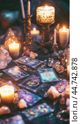 A mystical tarot card reading setup with candles, crystals, and glowing lights during a serene evening. Стоковое AI-изображение, AI-художник Сергей Толмачёв / Фотобанк Лори