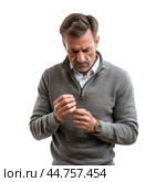 Man buttoning sleeve on transparent background. Стоковое AI-изображение, AI-художник Иван Рябоконь / Фотобанк Лори