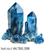 Group of blue celestite crystals standing tall on white background. Стоковое AI-изображение, AI-художник Иван Рябоконь / Фотобанк Лори